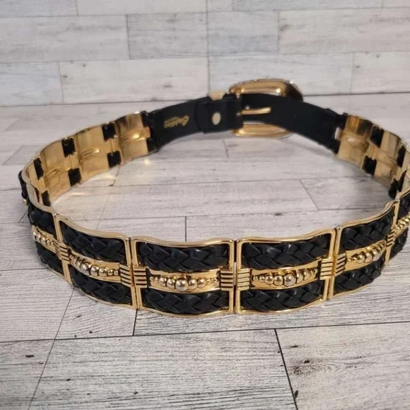 Women's Vintage Cpativa Western Black Leather Chunky Golden Rodeo Belt Size M 32 - Picture 4 of 5